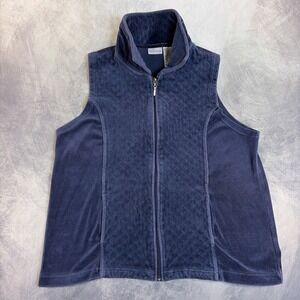 White Stag Velour Vest Womens L 12/14 Navy Blue Quilted Full Zip Mock Neck